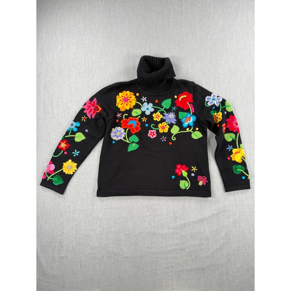Berek Takako Sakon Black Floral Embroidered Beaded‎ Turtleneck Sweater Small